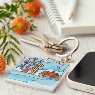 Porte-clefs Paysage de maison d'hiver