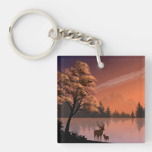 Porte-clefs Paysage du lever du soleil avec lac et Deers-51207