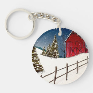 Porte-clefs Paysage enneigé avec grange rouge 