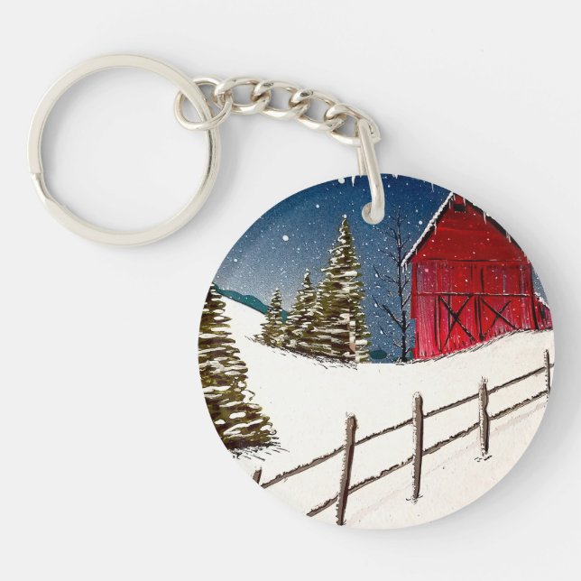 Porte-clefs Paysage enneigé avec grange rouge  (Devant)