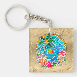 Porte-clefs Paysage estival de palmier océanique aqua et or