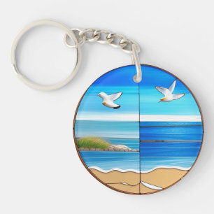 Porte-clefs Paysage marin en verre teinté circulaire avec moue
