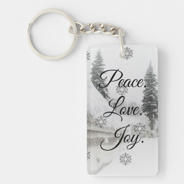 Porte-clefs Peace Love Joy | Noir et blanc Snowfall Noël (Devant)