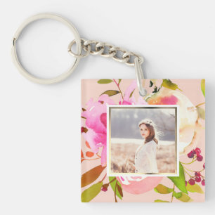 Porte-clefs Peach Blush avec aquarelle photo florale