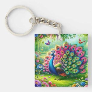 Porte-clefs Peacock vibrant dans un Imaginaire Jardin Peinture