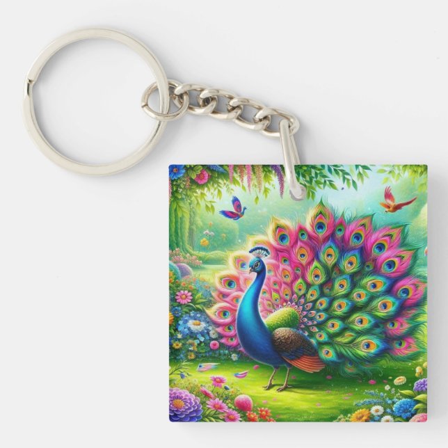 Porte-clefs Peacock vibrant dans un Imaginaire Jardin Peinture (Devant)