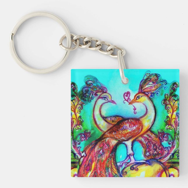 Porte-clefs PEACOCKS EN AMOUR rouge turquoise bleu vert (Devant)