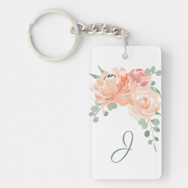 Porte-clefs Pêcher l'aquarelle florale avec votre monogramme (Devant)