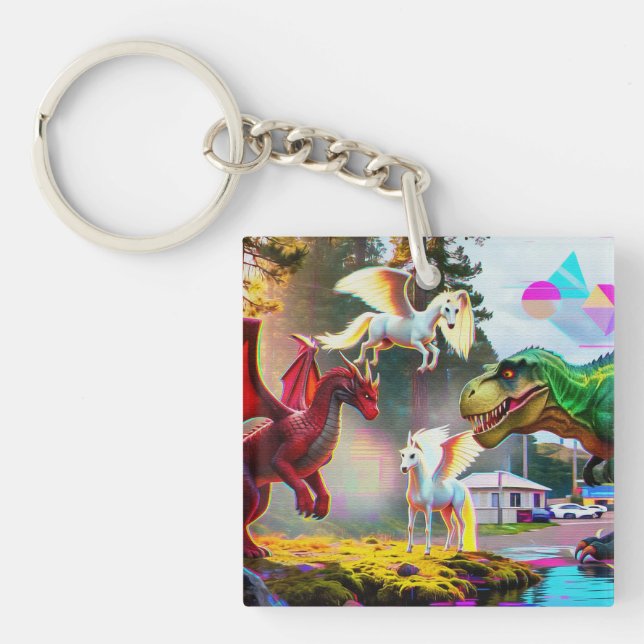 Porte-clefs Pégase, dragon et dinosaure mythiques et préhistor (Devant)