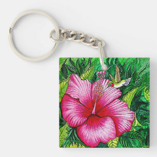 Porte-clefs Peinture à l'aquarelle de l'Hibiscus d'colibri