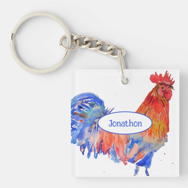 Porte-clefs Peinture aquarelle bleue de poulet Coq Rouge (Devant)