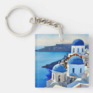 Porte-clefs Peinture aquarelle de Santorin Grèce