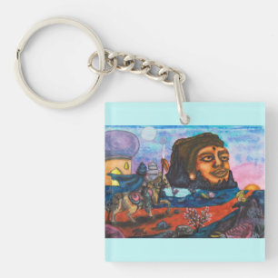 Porte-clefs Peinture aquarelle Guerrier Cheval Temple Femme Vo