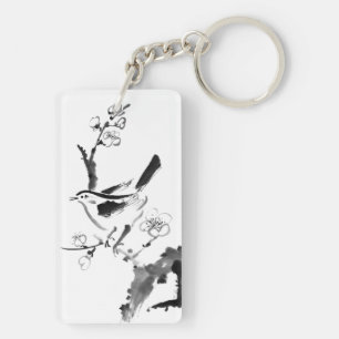 Porte-clefs Peinture chinoise, fleur de prune et oiseau