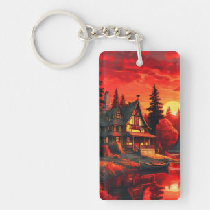 Porte-clefs Peinture coucher de soleil avec chalet et lac-6663