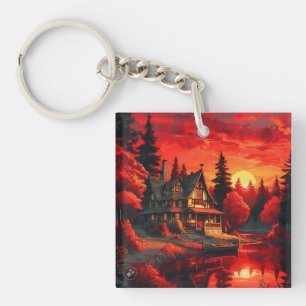 Porte-clefs Peinture coucher de soleil avec chalet et lac-6663