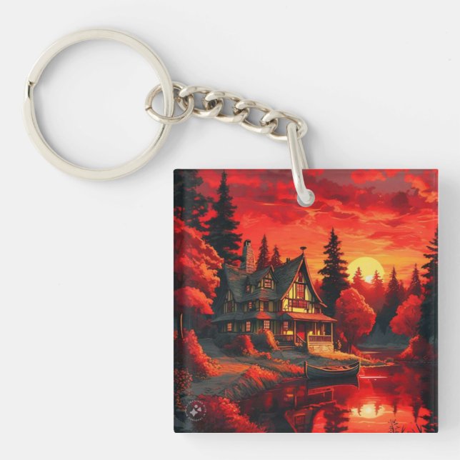 Porte-clefs Peinture coucher de soleil avec chalet et lac-6663 (Devant)