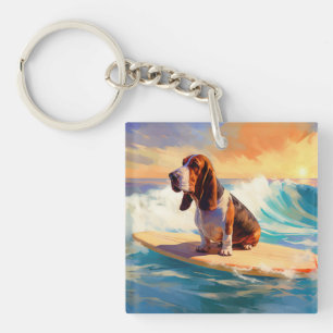 Porte-clefs Peinture de Basset Hound faisant du Surf sur la Pl