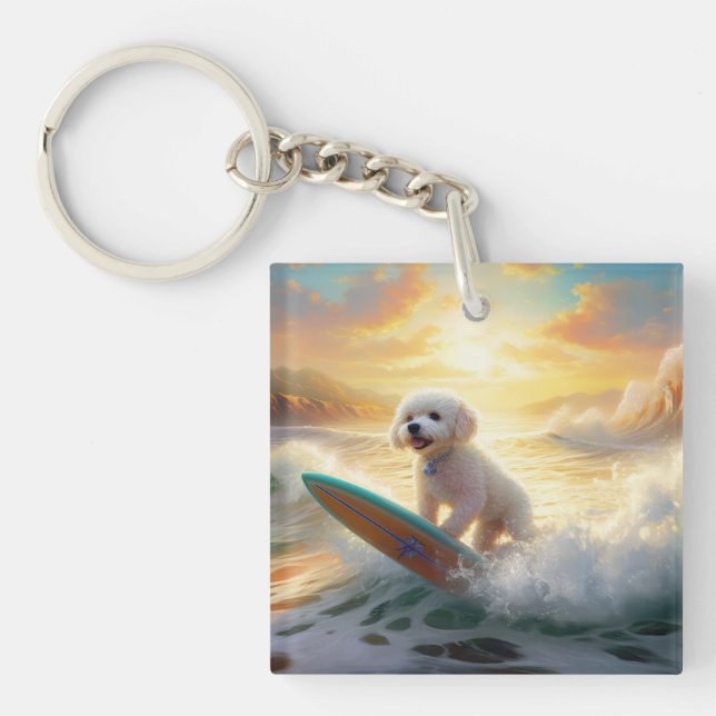 Porte-clefs Peinture de surf de plage de Bichon frisé (Devant)