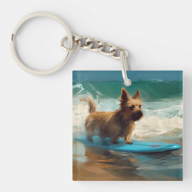 Porte-clefs Peinture de surf de plage de Terrier Australien (Devant)