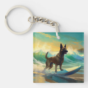 Porte-clefs Peinture de Surf sur Plage avec Malinois Belge