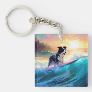 Porte-clefs Peinture de Surf sur Plage de Border Collie