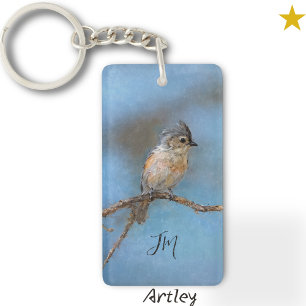 Porte-clefs Peinture d'oiseau Tufted bleu Tiré initial personn