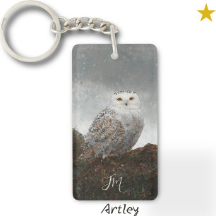 Porte-clefs Peinture d'oiseaux de Chouette des neiges Nom pers