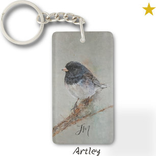 Porte-clefs Peinture d'oiseaux de Junco foncé Nom personnalisé