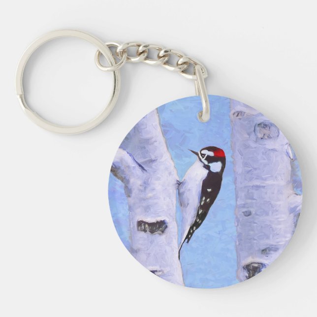Porte-clefs Peinture Downy Woodpecker - Art original pour oise (Devant)