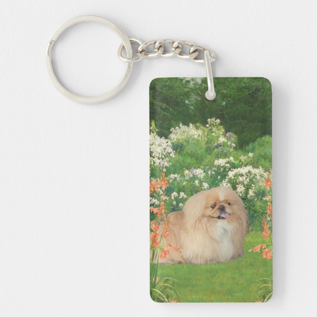 Porte-clefs Pékinois dans un jardin (Devant)