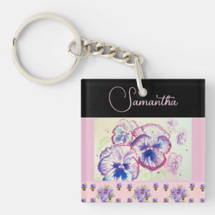 Porte-clefs Pensées roses aquarelle fleur art floral