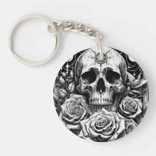 Porte-clefs Pentacle Occulte Crâne de Squelette & Roses 