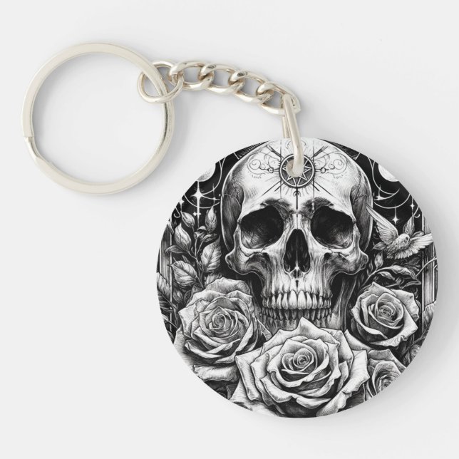 Porte-clefs Pentacle Occulte Squelette Crâne et Rose (Devant)