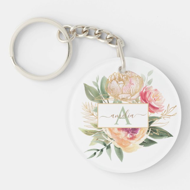 Porte-clefs Peony and Gold Flowers Nom du monogramme (Devant)