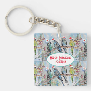 Porte-clefs Père Noël Budgie Noël aquarelle peinture oiseau
