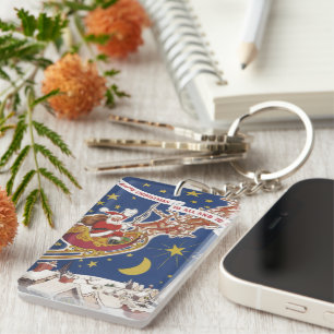 Porte-clefs Père Noël de Noël vintage avec rennes volants