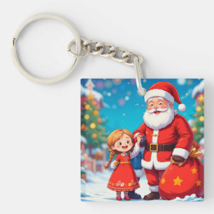 Porte-clefs Père Noël et fille avec un sac de cadeaux