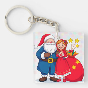 Porte-clefs Père Noël et fille avec un sac de cadeaux