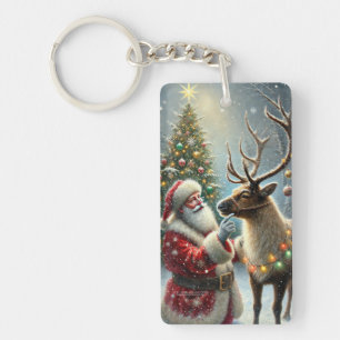 Porte-clefs Père Noël Et Reindeer, Forêt Neige, Arbre De Noël