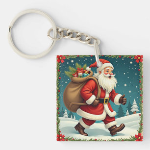 Porte-clefs Père Noël livrant des cadeaux à travers une forêt