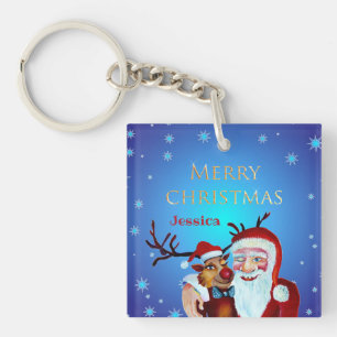 Porte-clefs Père Noël magique aquarelle Rudolph souriant