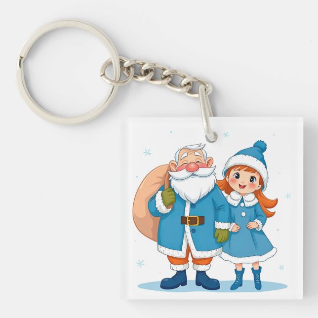 Porte-clefs Père Noël souriant et jeune fille des neiges (Devant)