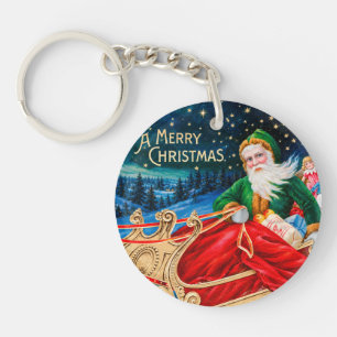 Porte-clefs Père Noël vert vintage traîneau nuit étoilée Noël