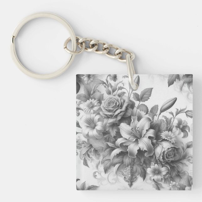 Porte-clefs Perfection florale noire et blanche (Devant)