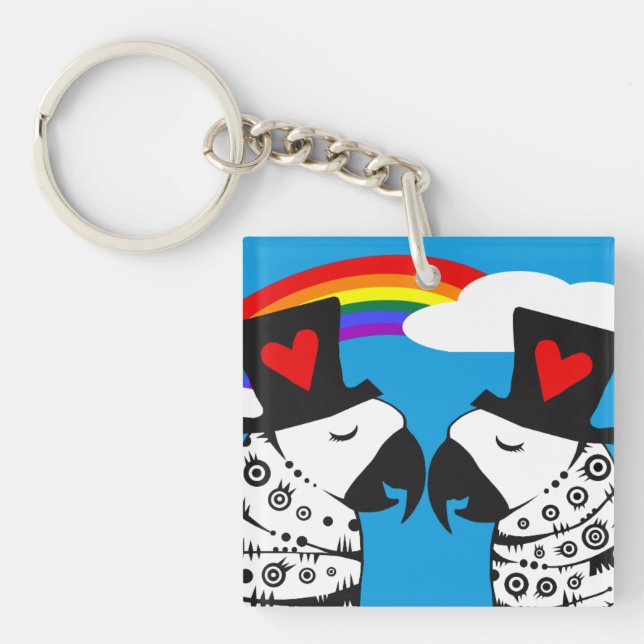 Porte-clefs Perroquets gay pride avec arc-en-ciel (Devant)