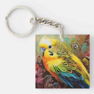 Porte-clefs Perruche jaune et bleu avec marguerite et fleurs
