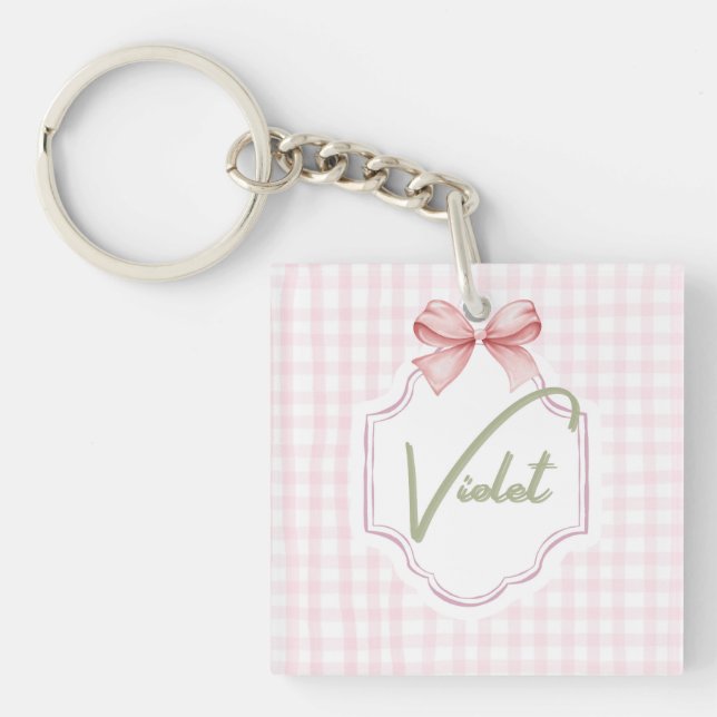 Porte-clefs Personalisé Violet Baby Girl Nursery Bow&En vichy (Devant)