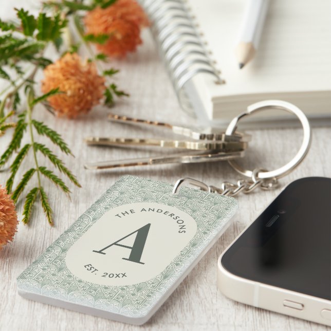 Porte-clefs Personalised Family Name Monogram Sage Green Deco (Devant droit)