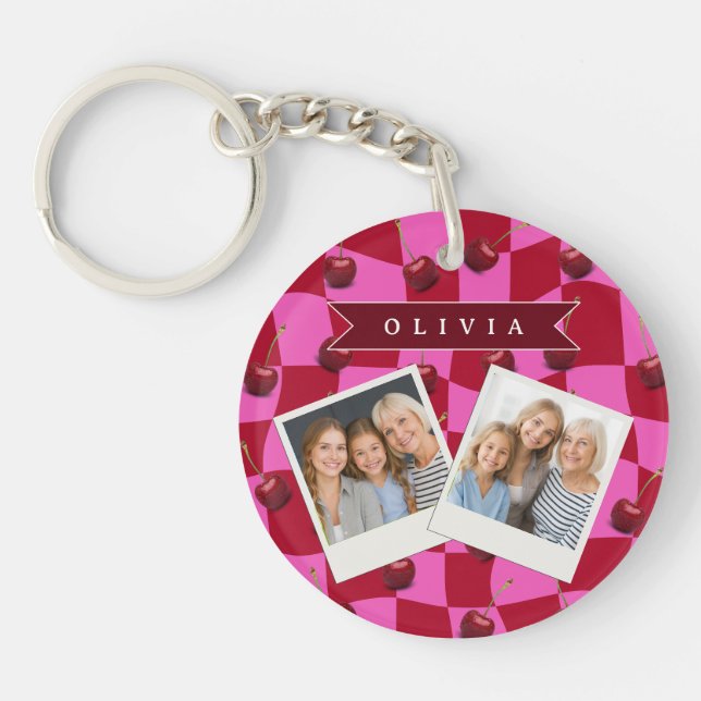 Porte-clefs Personalized Cherry Gingham Retro Custom Name (Devant)